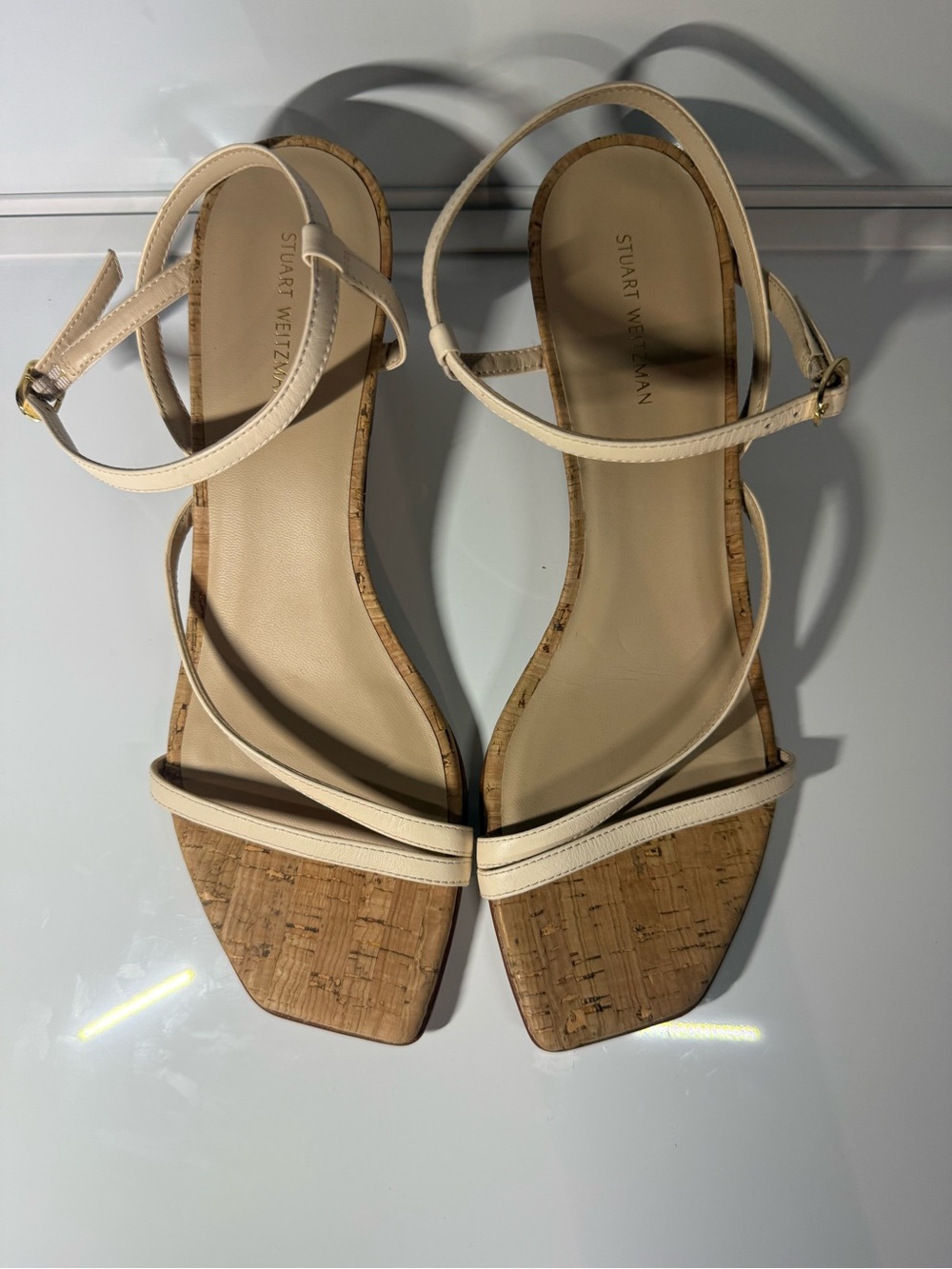 Stuart Weitzman Cream Leather Cork Square-Toe Sandals size9